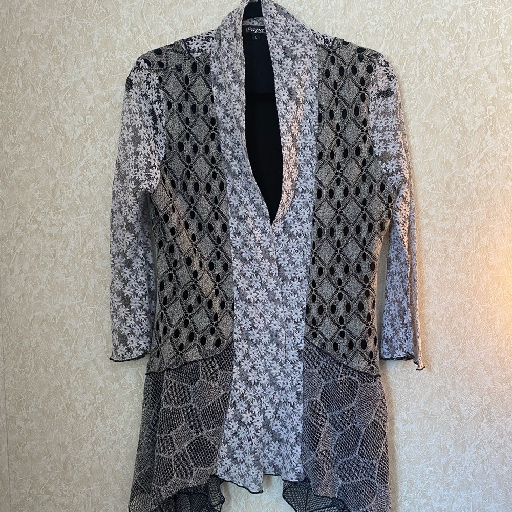 Cynthia Rowley Black & White Lace-Patterned Open Front Cardigan